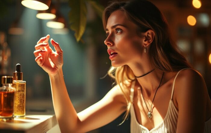 Mulher contemplando frascos de óleo em um ambiente iluminado, simbolizando reflexão e escolhas estratégicas – conceito relacionado à criação de ofertas irresistíveis e valor agregado.